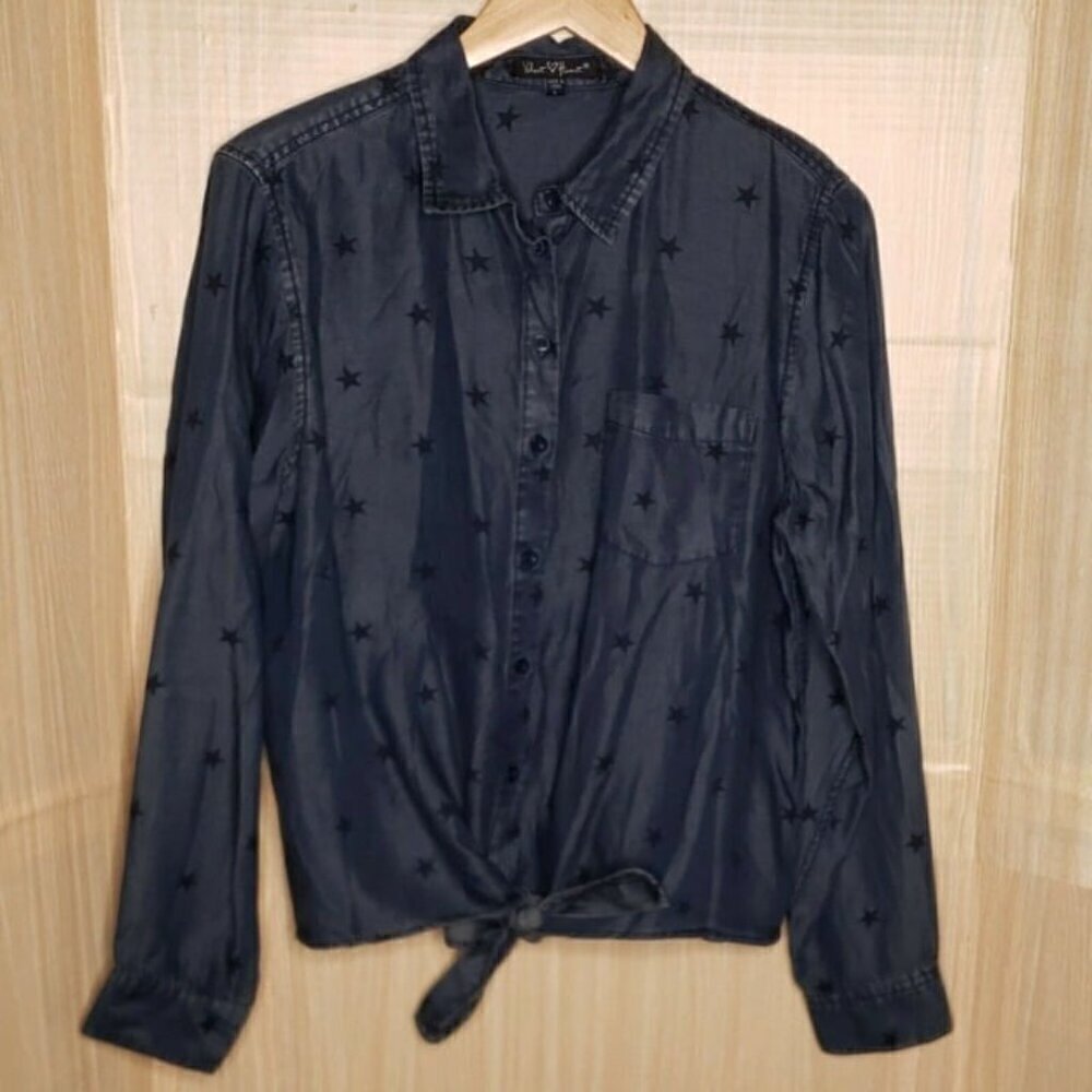 Velvet Heart Womens NWOT Blue Tencel Front Tie Star Print Long Sleeve Button...